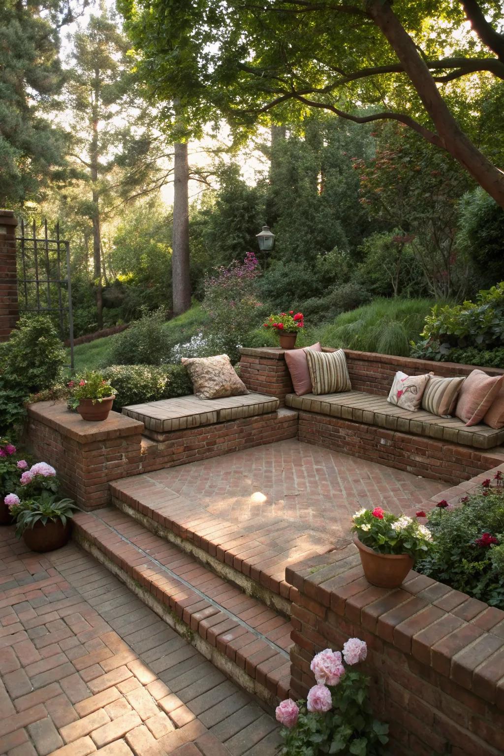 A sunken lounge area creates an intimate retreat on this brick deck.