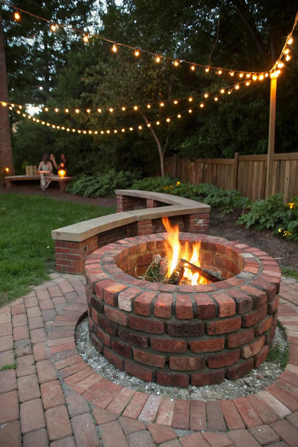 Transform your evenings with a handcrafted brick fire pit, elegantly illuminated for a magical ambiance.