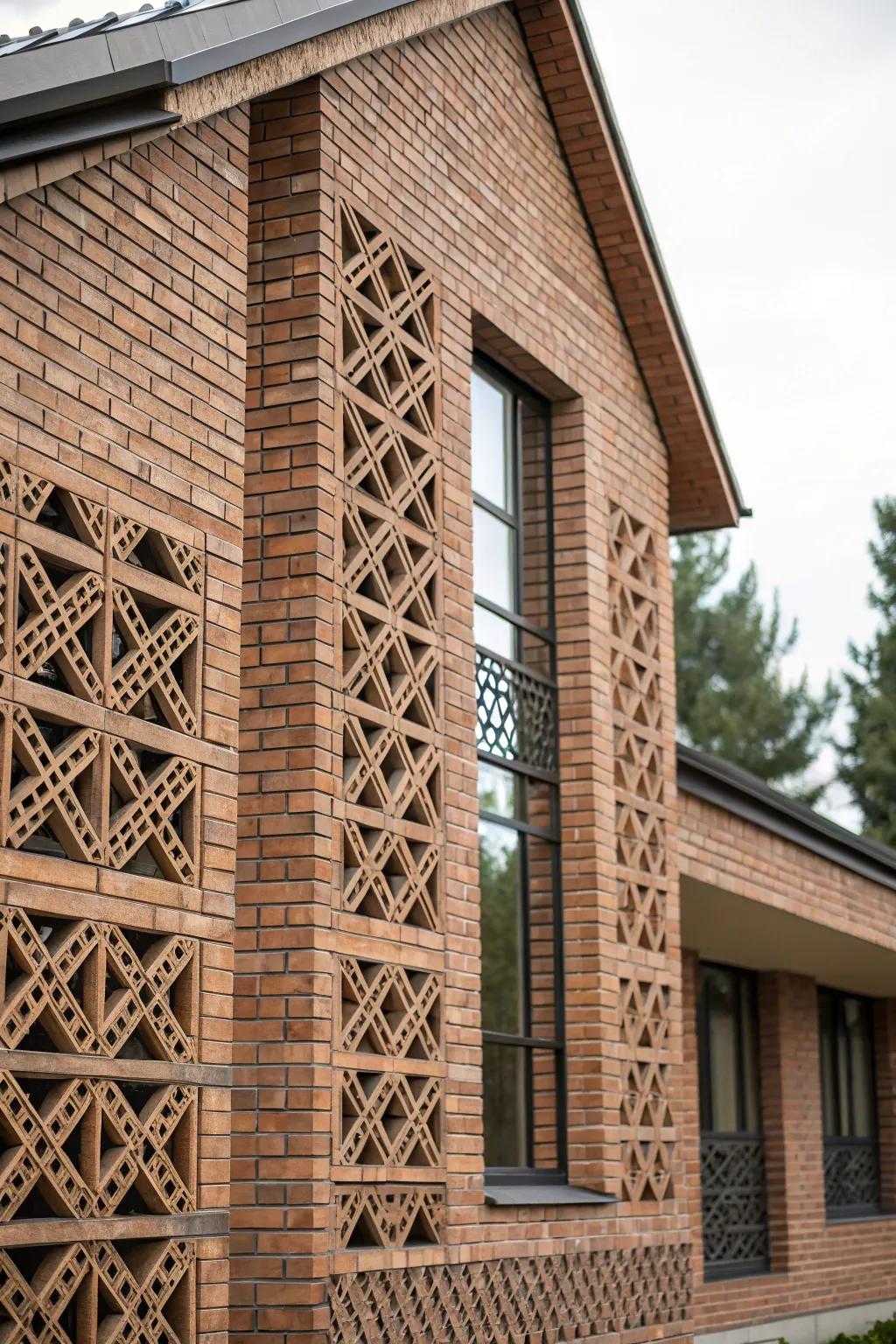 Geometric patterns in brickwork add artistic flair.