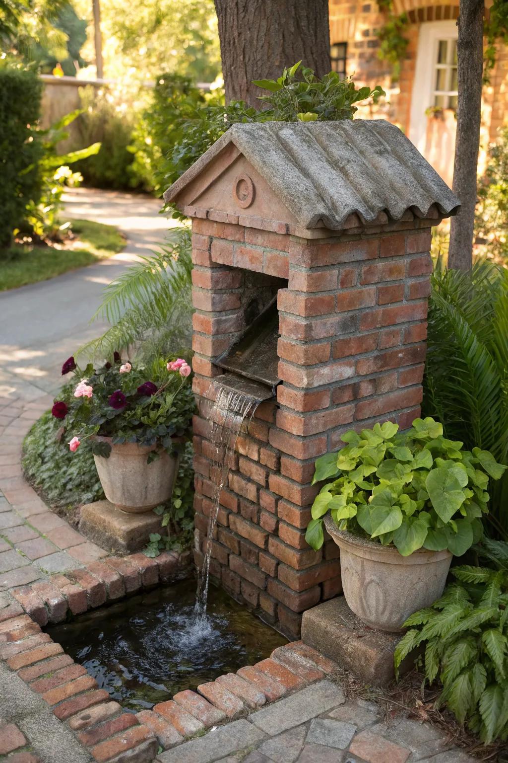 A water feature adds tranquility to this mailbox landscape.