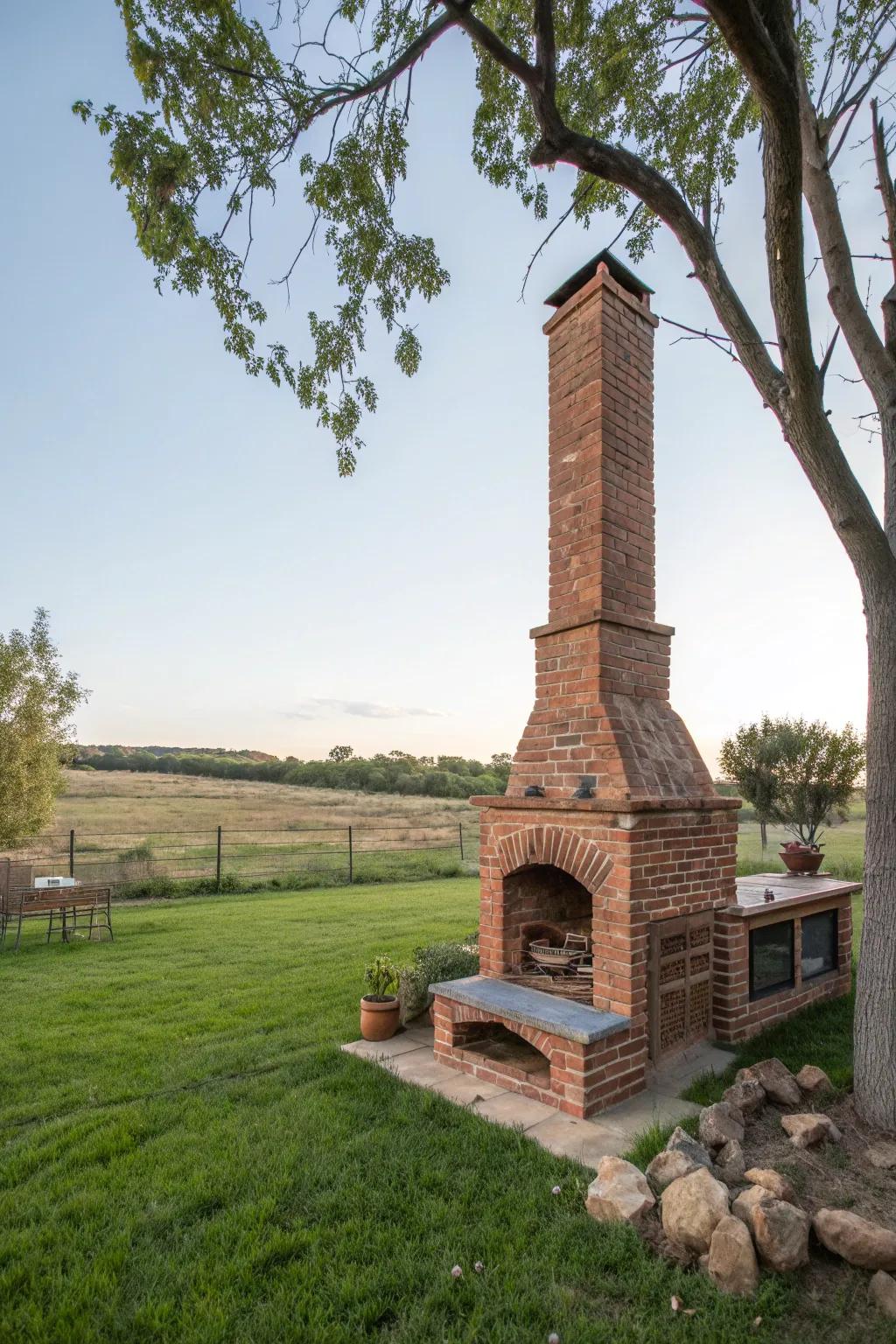 A tall brick fireplace with a chimney adds height and drama.