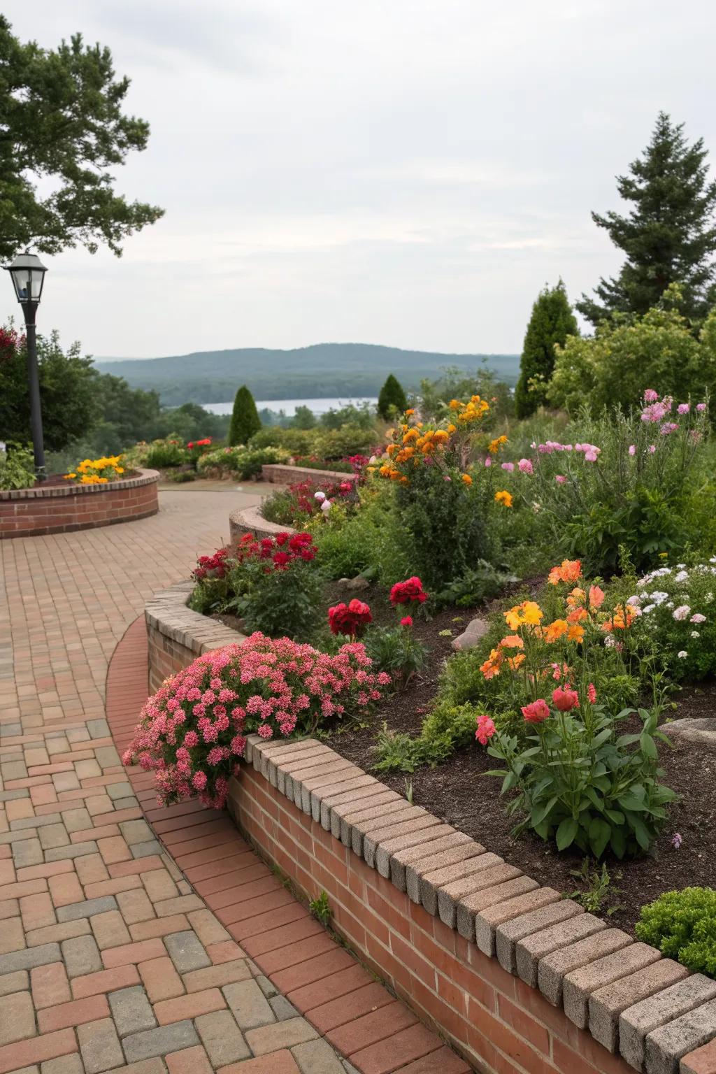 Vibrant flower beds framed by brick pavers.