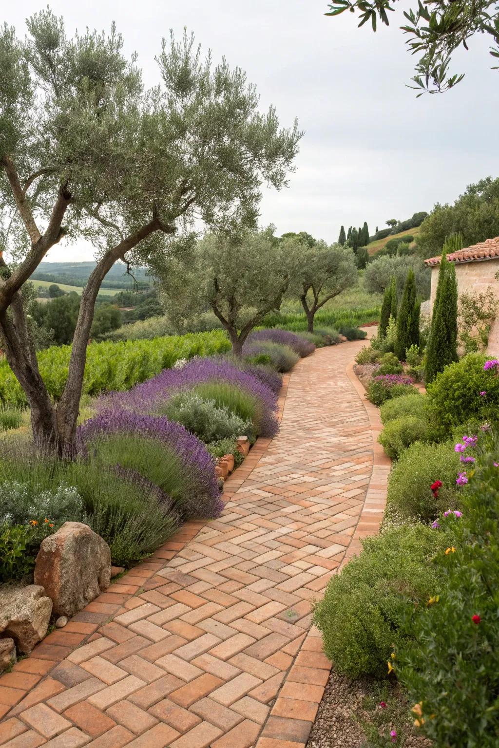 Mediterranean-inspired walkway for a warm, rustic feel.