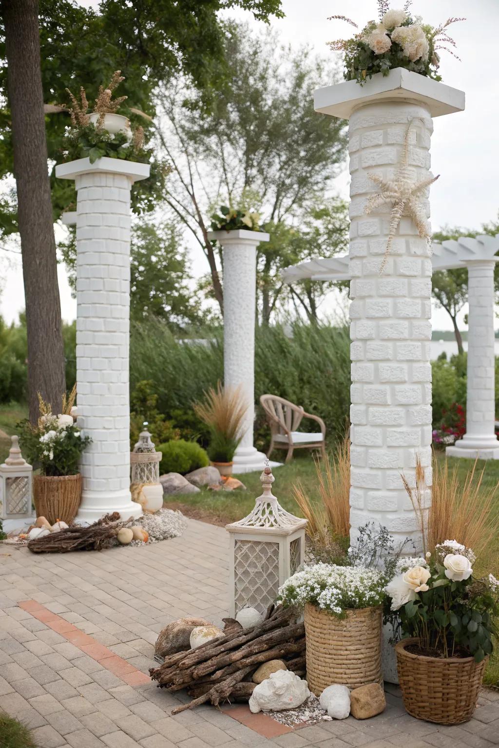 White brick pillars with coastal decor, evoking a beachside atmosphere.