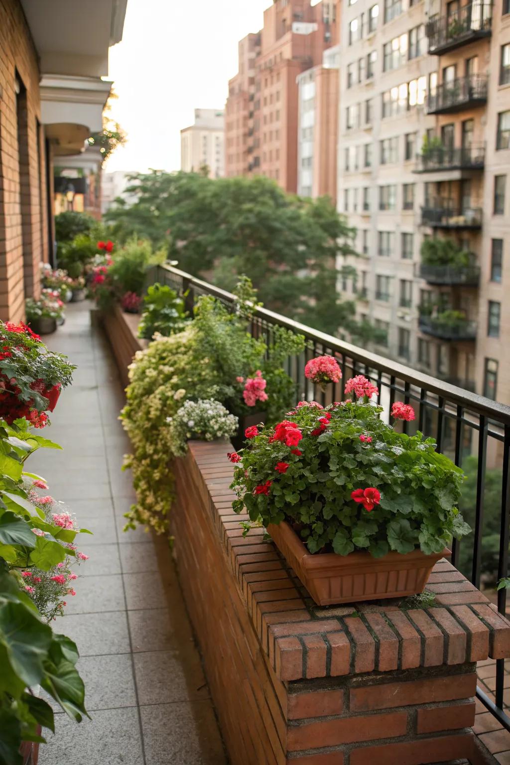 An urban balcony transformed into a green oasis with brick planters.