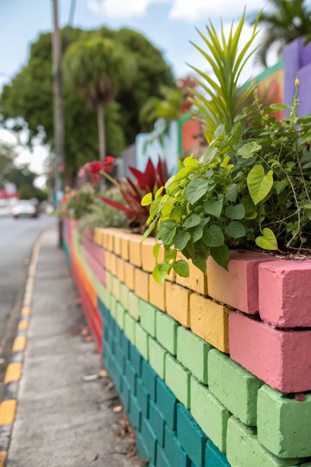 A colorful brick planter wall adding a vibrant focal point to the garden.