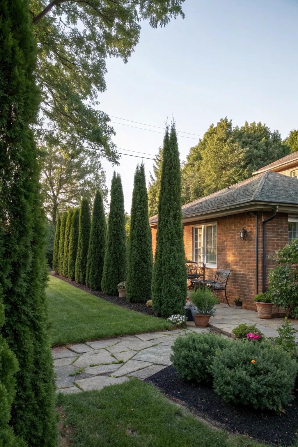 Hedges offer privacy and a lush, green backdrop.
