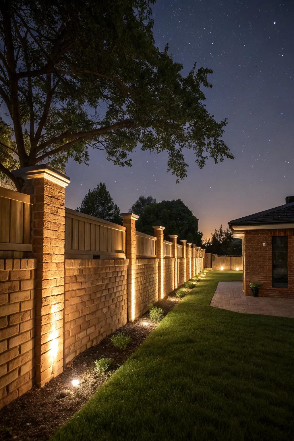Create nighttime magic with lighting features on your brick fence.