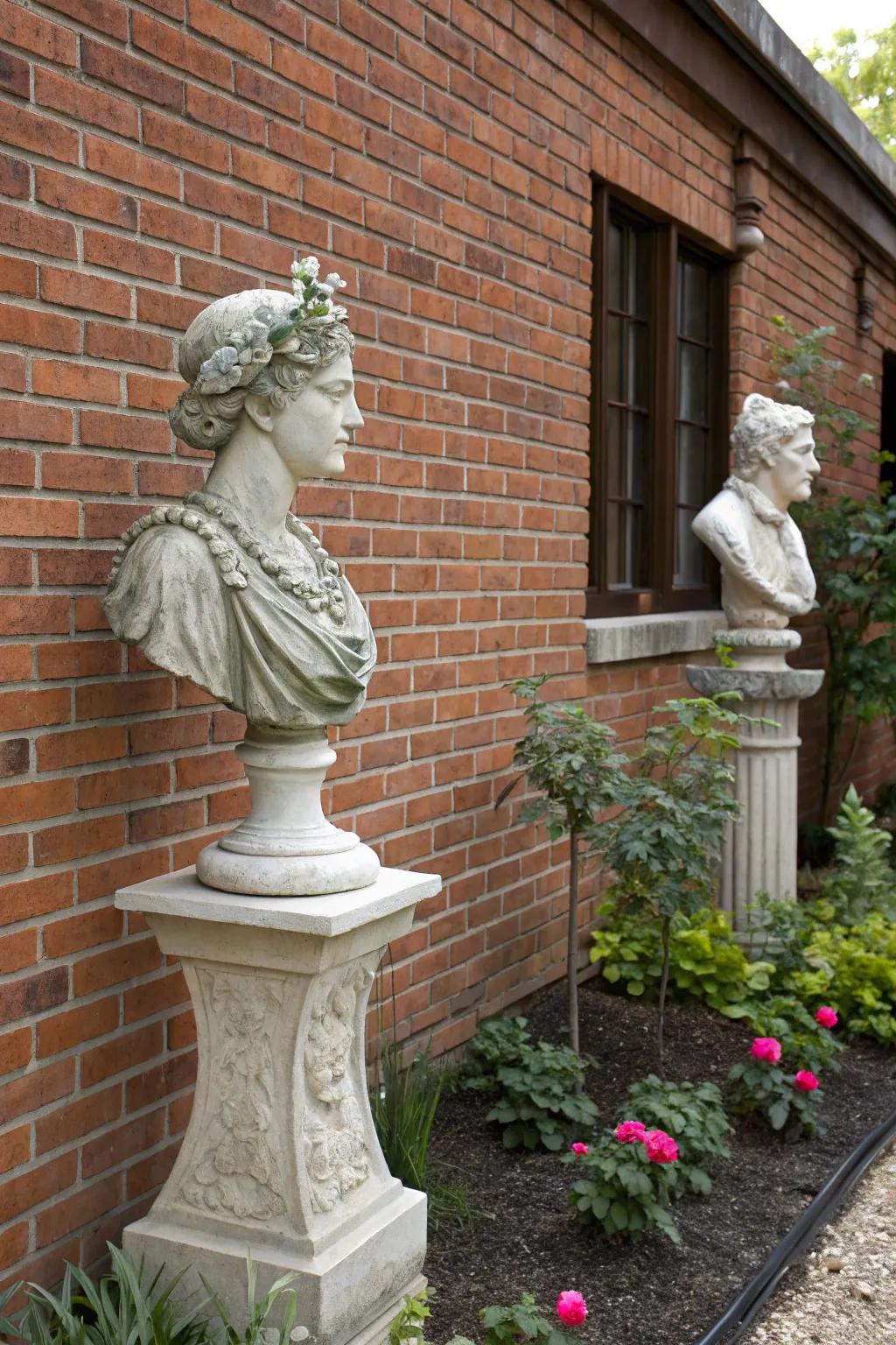 Sculptures create an artistic focal point against a brick wall.
