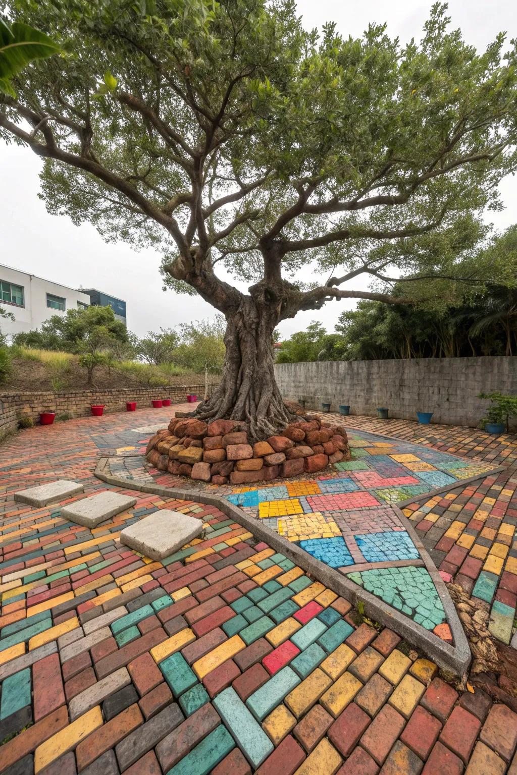 Mosaic brick patterns transform your tree base into a piece of art.