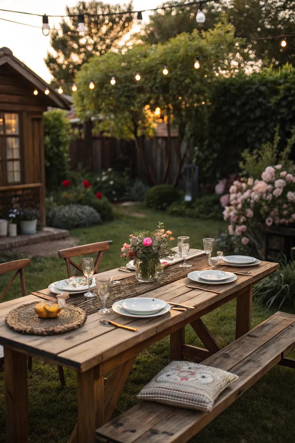 A rustic dining table invites gatherings and shared meals outdoors.