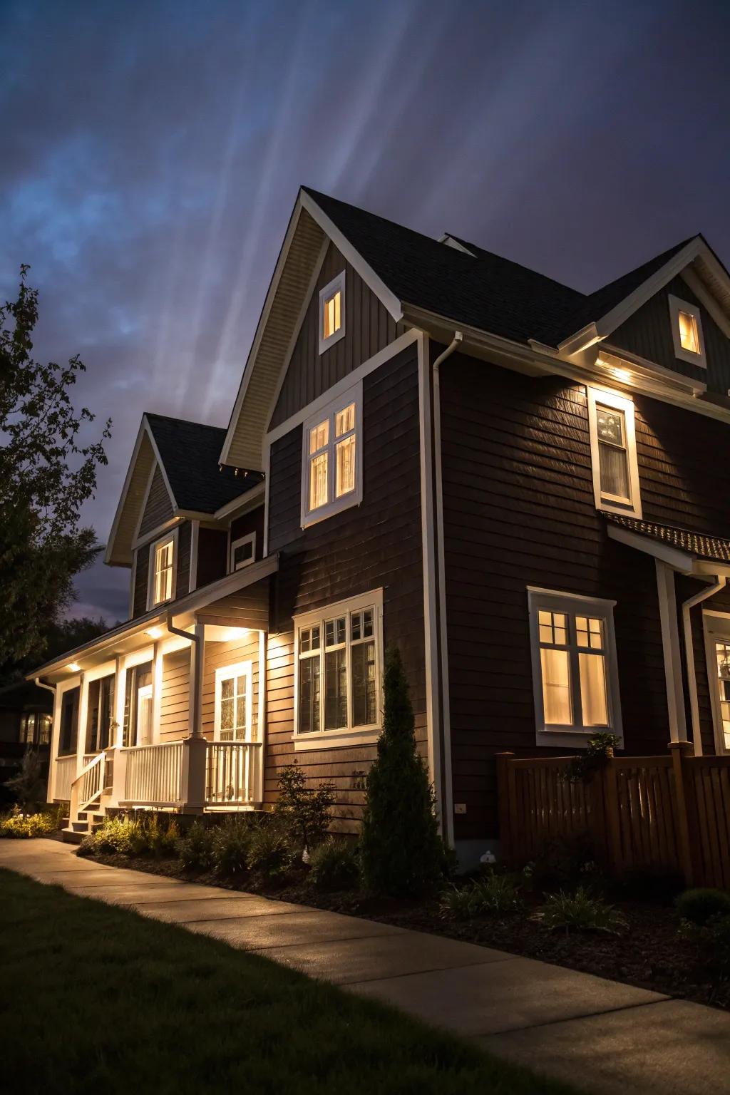 Dark brown facade with light trims for a dramatic effect.