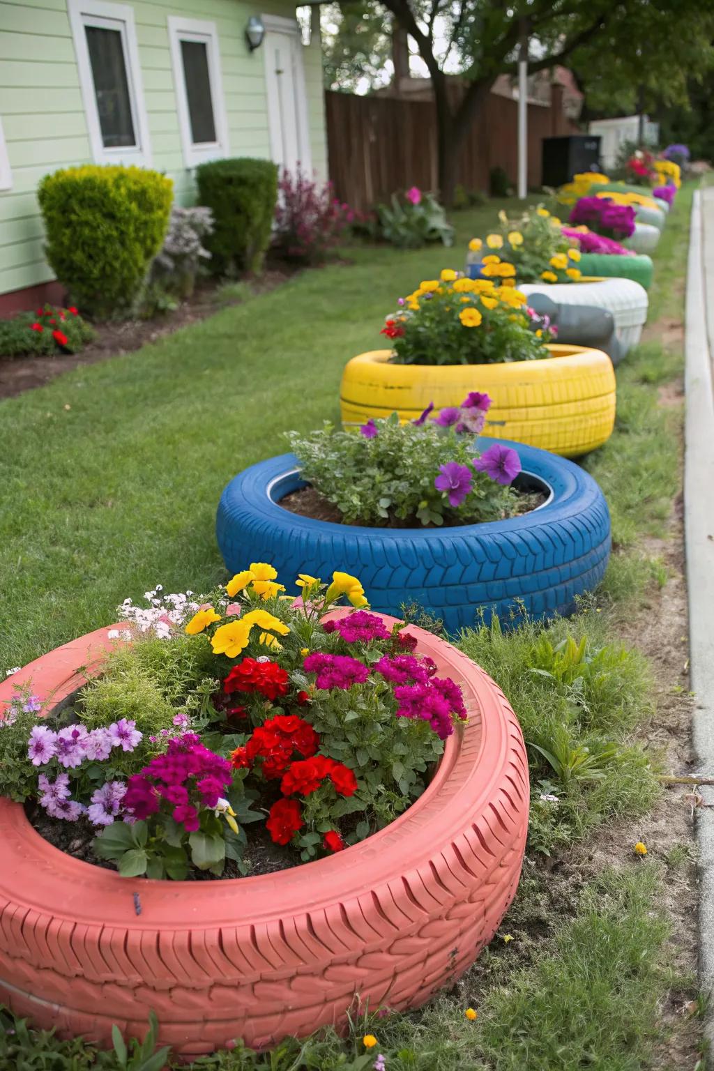 Repurposed tires make unique and colorful planters.