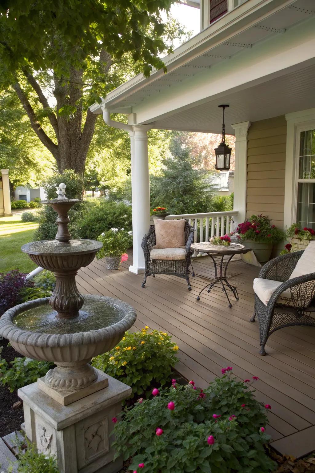 A creekside fountain brings serenity to this porch.