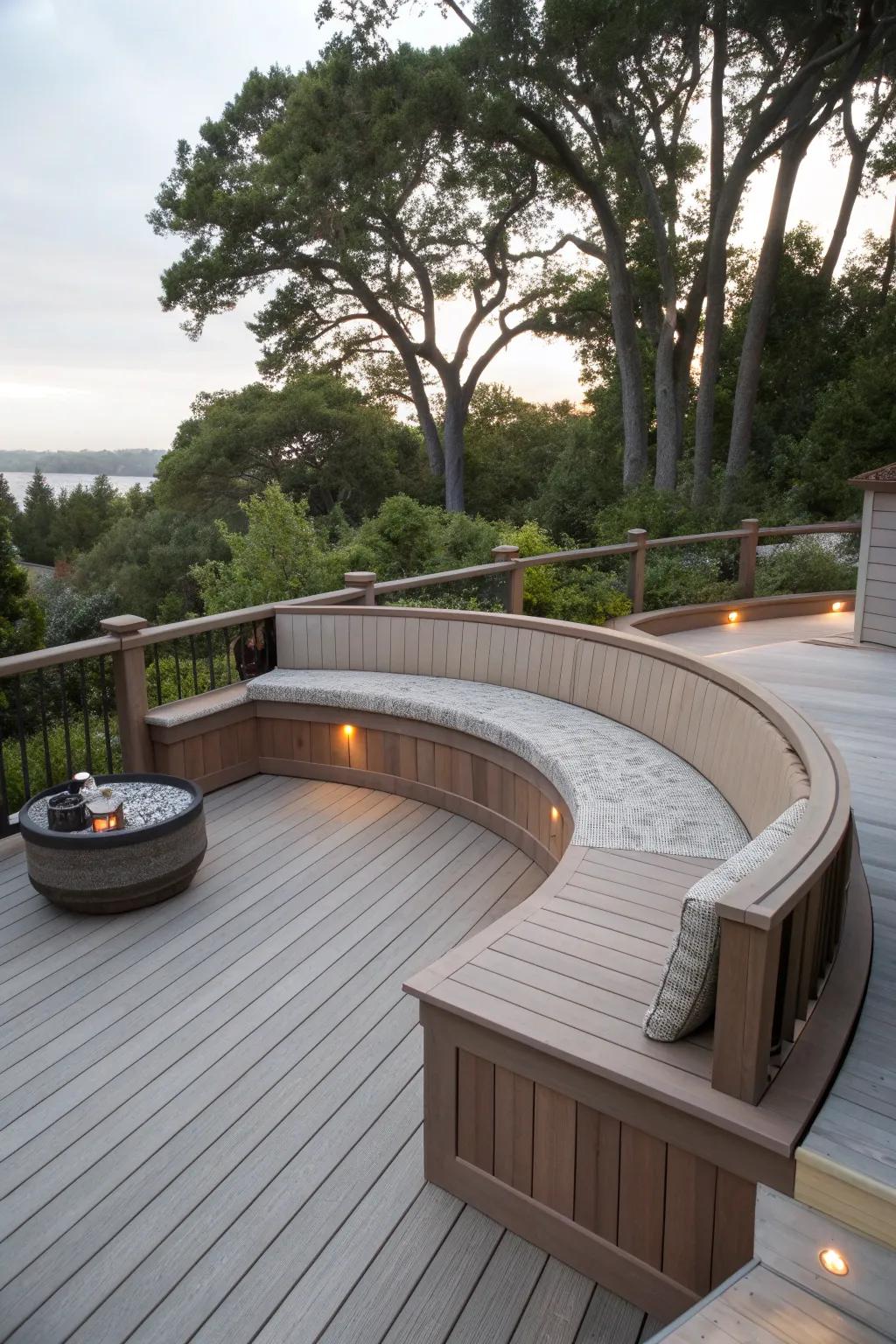 Elegant curved seating for a soft deck design.