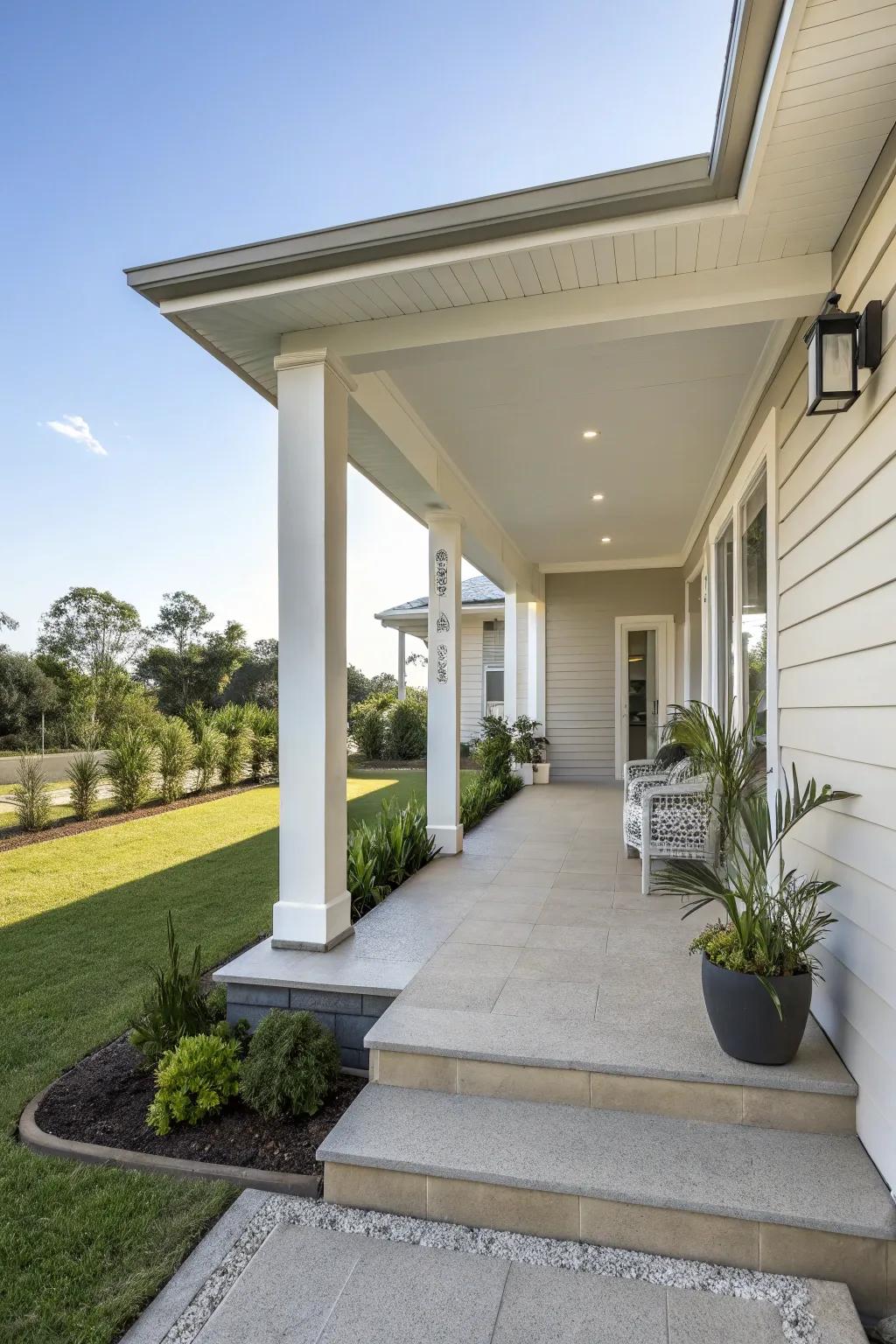A modern minimalist design creates a serene porch atmosphere.