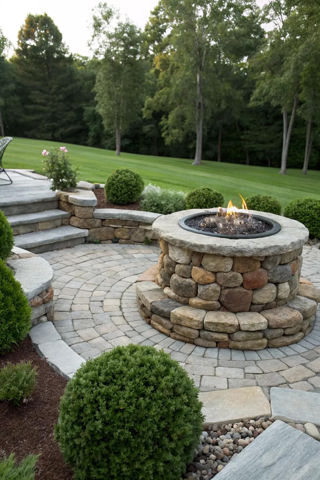 Classic sophistication with a stacked stone fire pit.