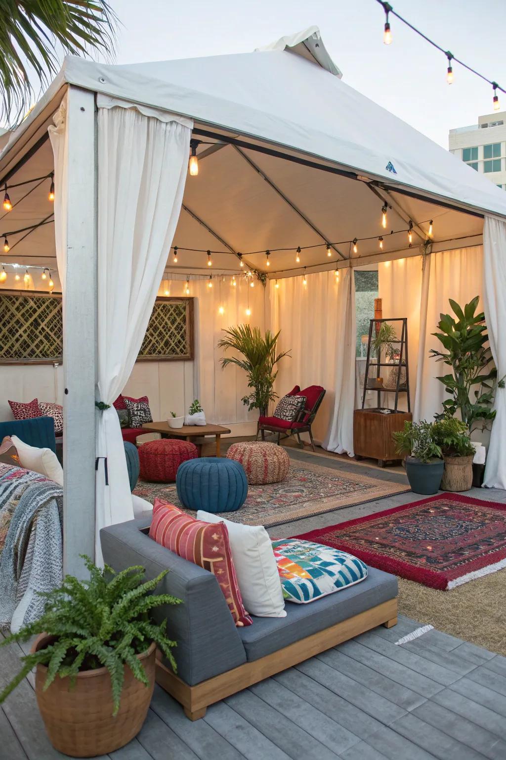 A multipurpose cabana with flexible seating and decor, perfect for any occasion.