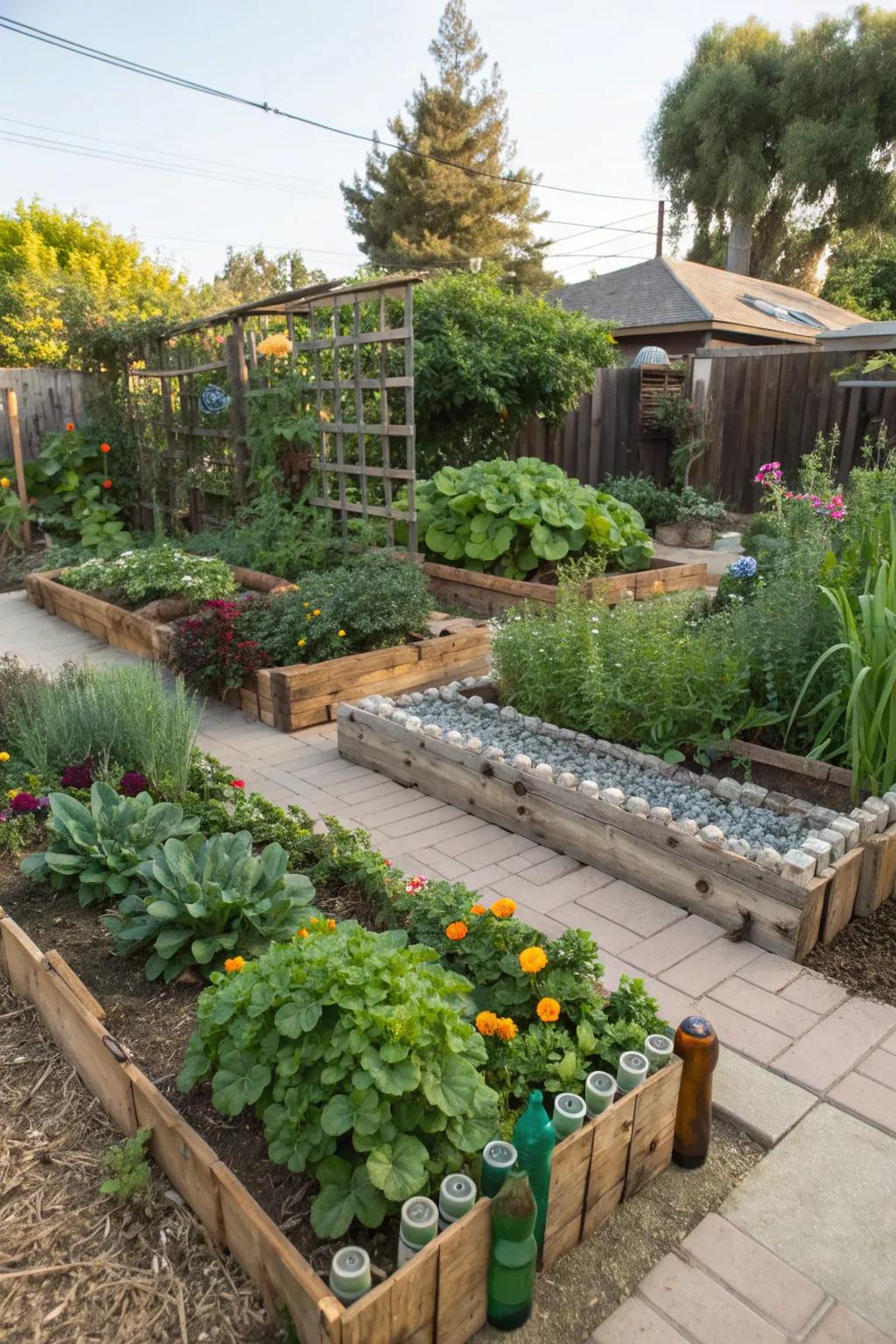 A sustainable garden focusing on recycling and water conservation.