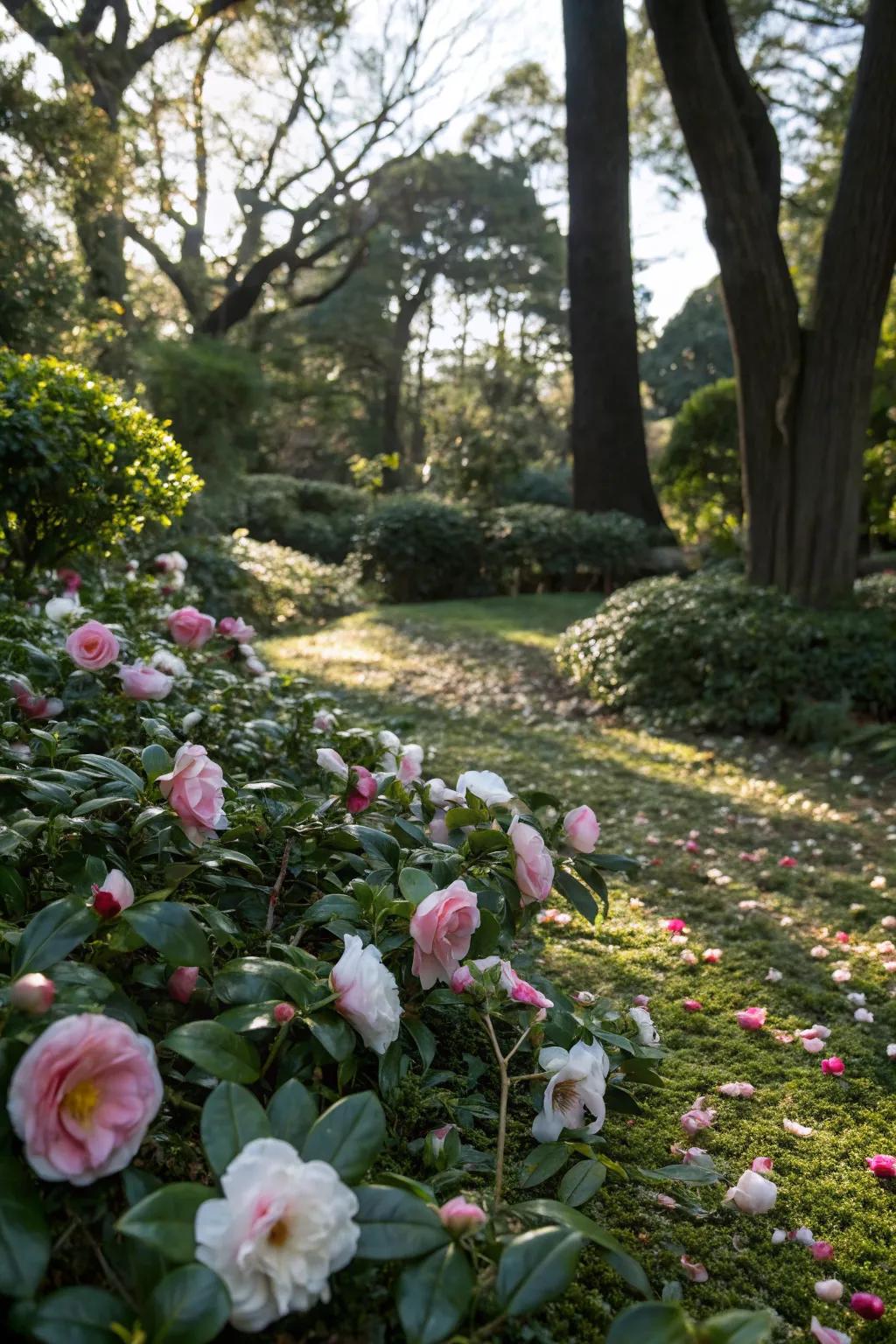 Low-growing camellias create a lush groundcover.