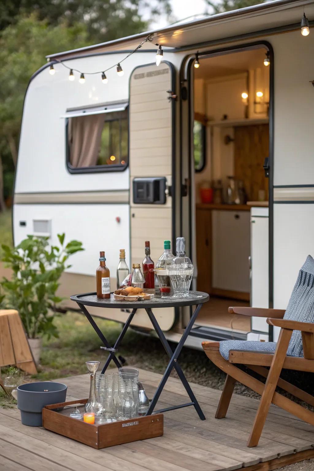 Enjoy outdoor drinks with a chic mini bar setup.