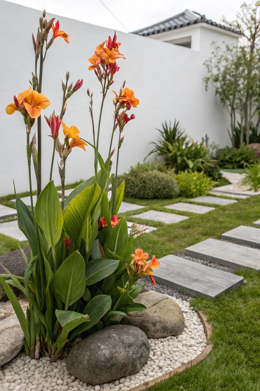 Canna lilies adding sculptural elegance to a minimalist garden.