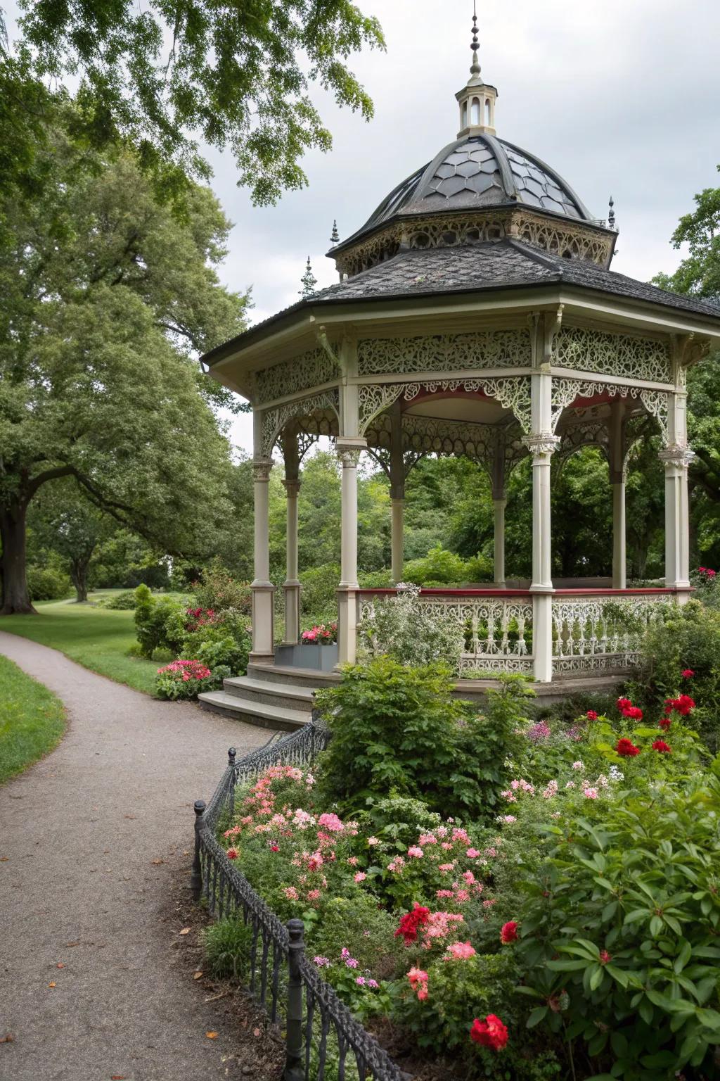 A Victorian gazebo adds romantic charm and a touch of nostalgia to the garden.