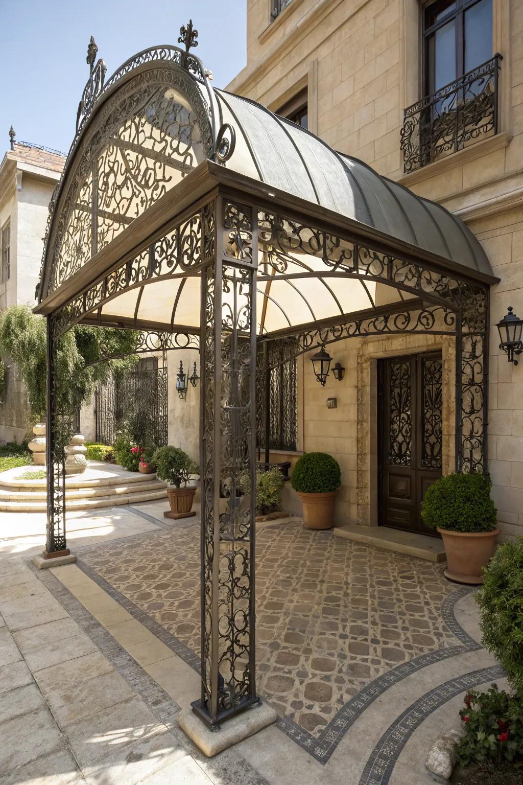 An ornate traditional metal canopy for an elegant entrance.