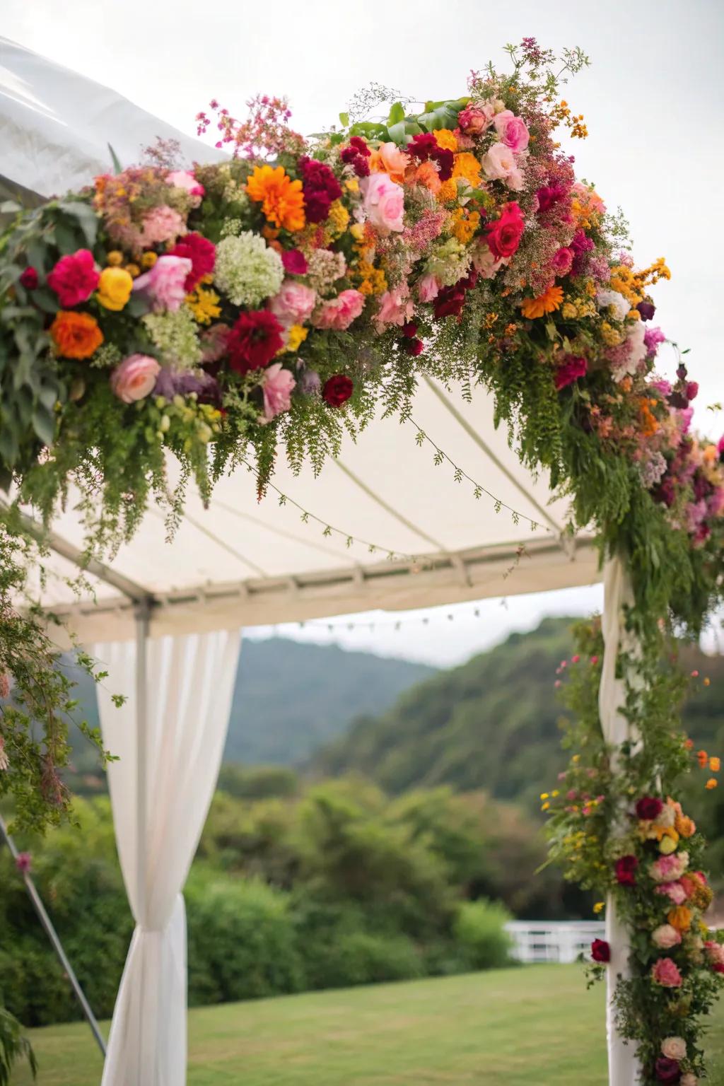 A floral explosion canopy tent for a breathtaking visual impact.