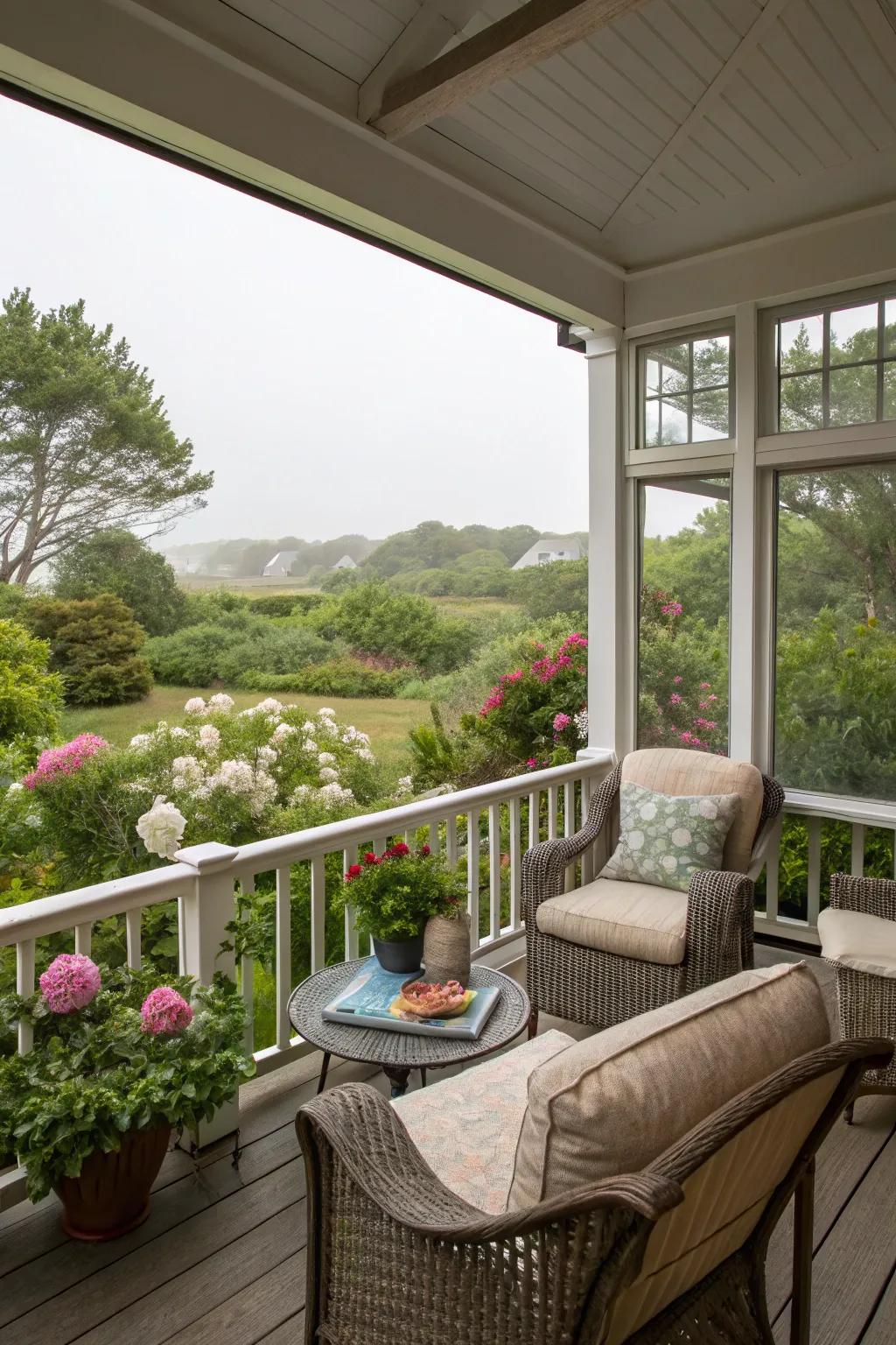 A cozy porch that invites relaxation while keeping pesky bugs away.