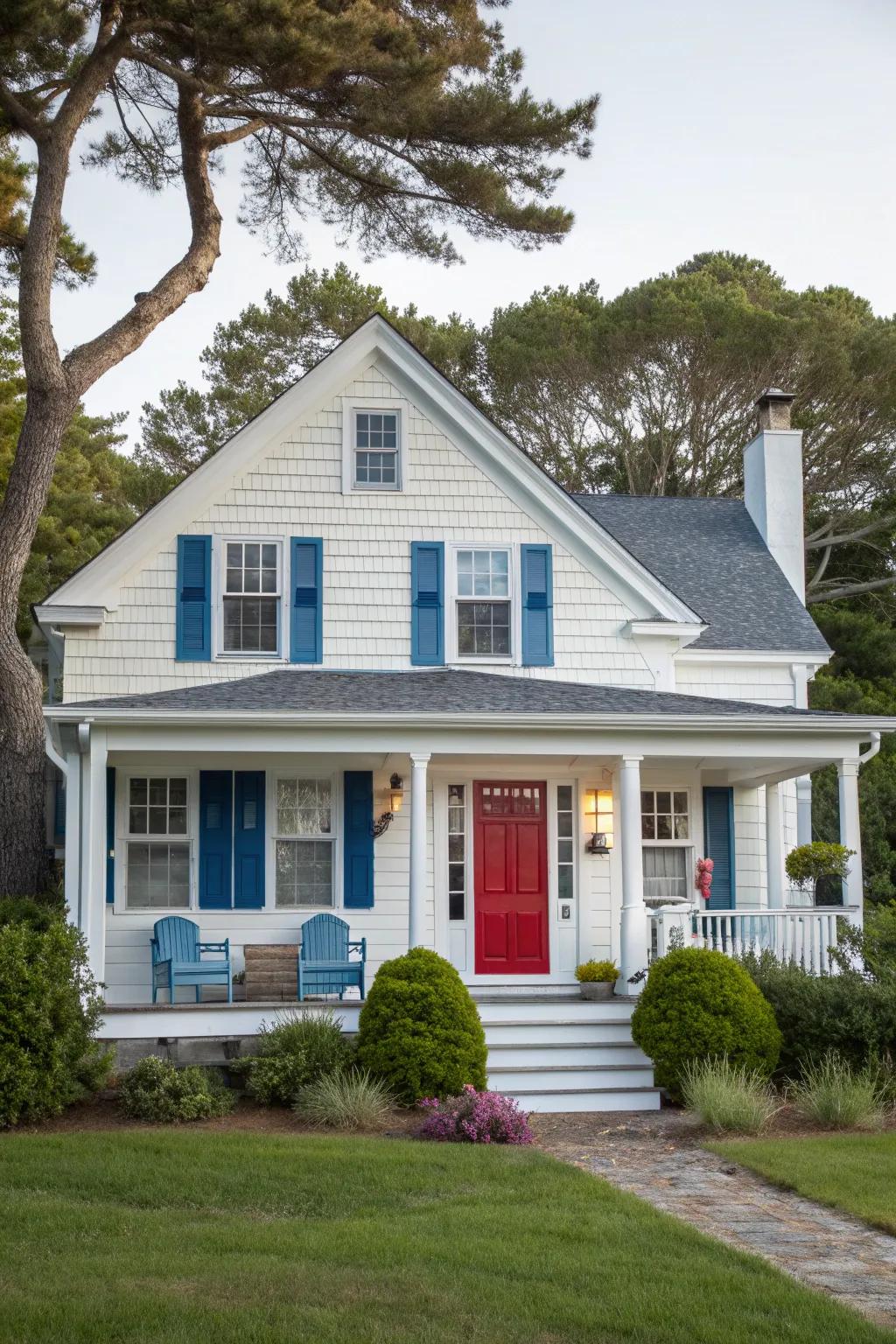 Contrasting color accents making a statement on a Cape Cod porch.