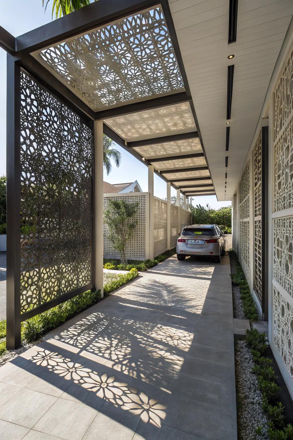 Decorative screens add an artistic touch to your carport while ensuring privacy.