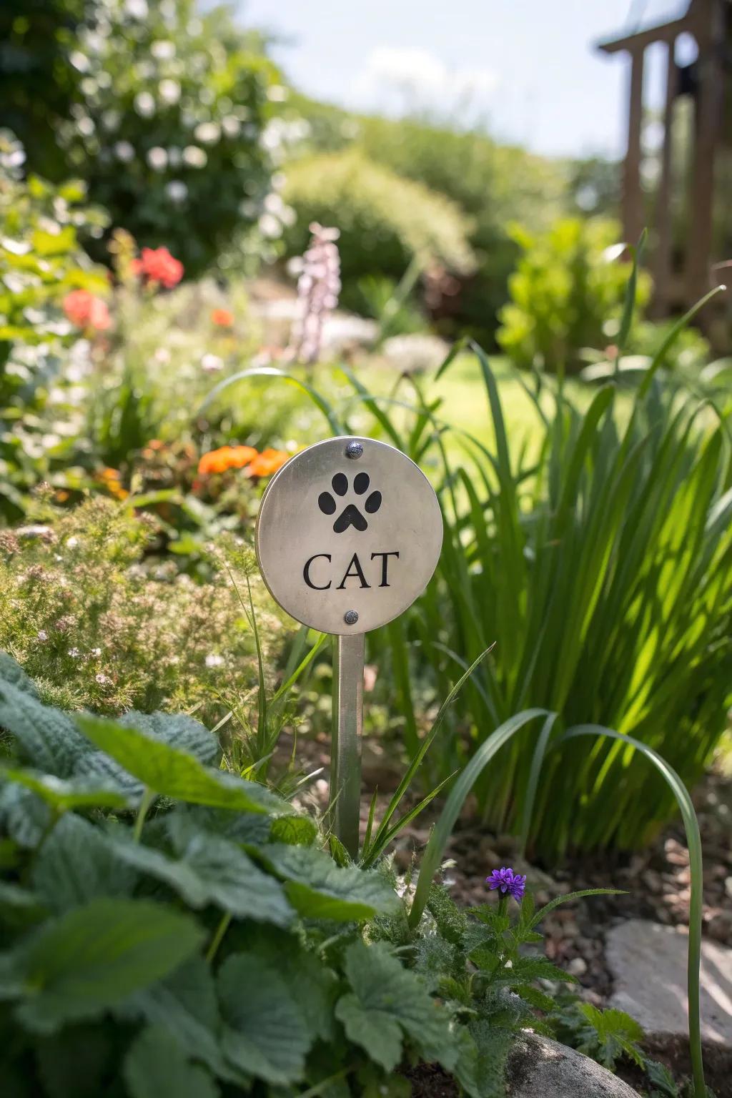 A personalized garden stake to honor a beloved cat.