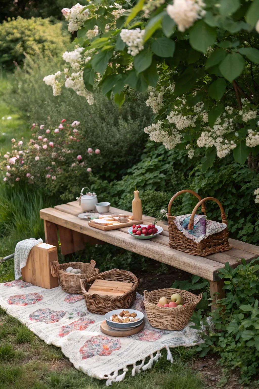 A kid-sized cedar bench invites play and picnics in the garden.