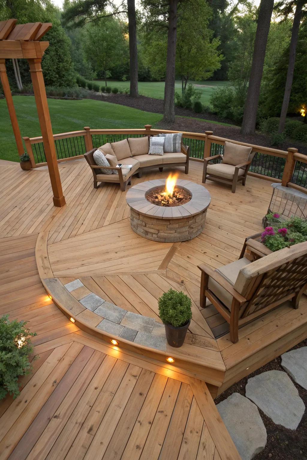A fire pit becomes the cozy focal point of this cedar deck.