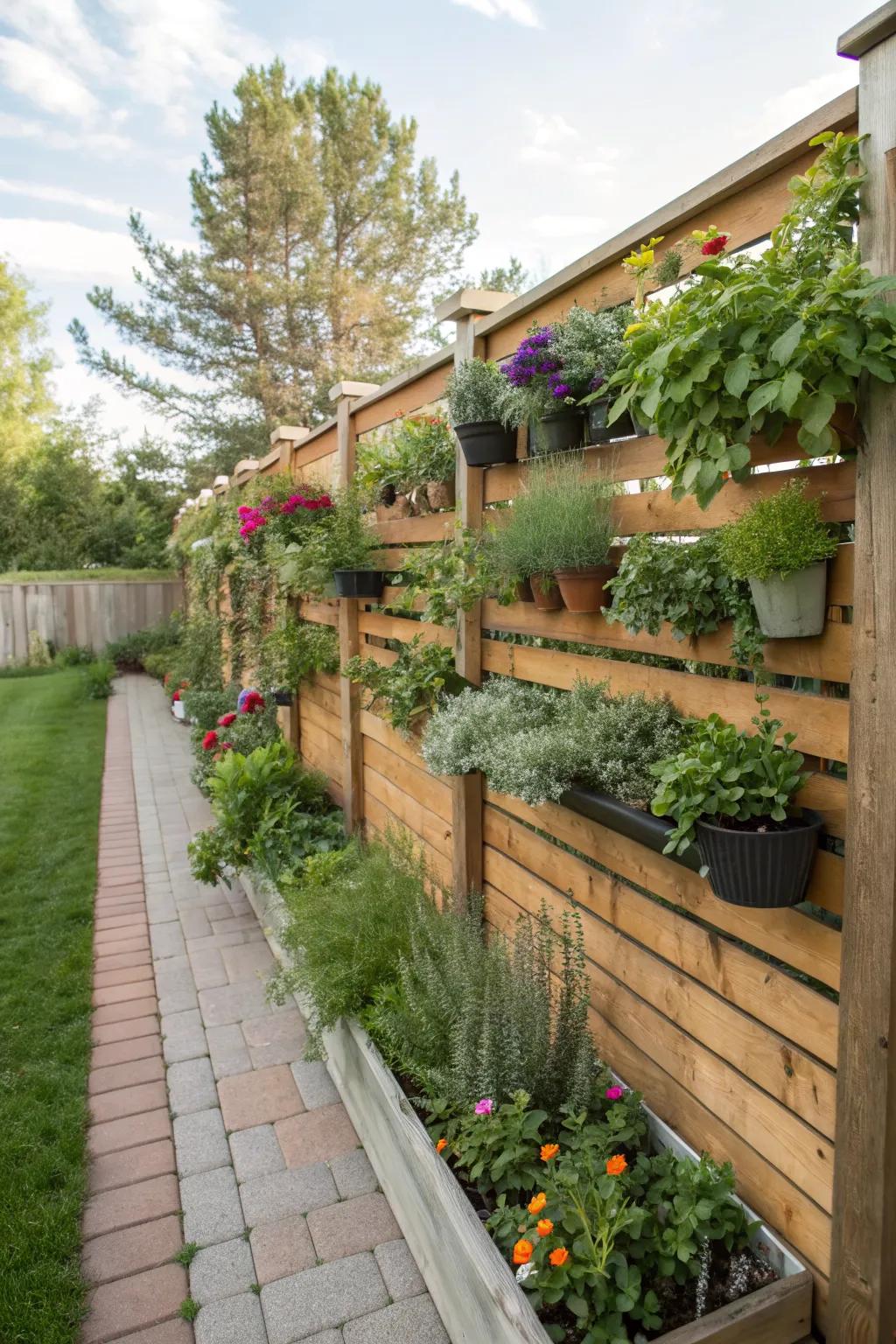 A vertical garden adds greenery to this cedar fence.
