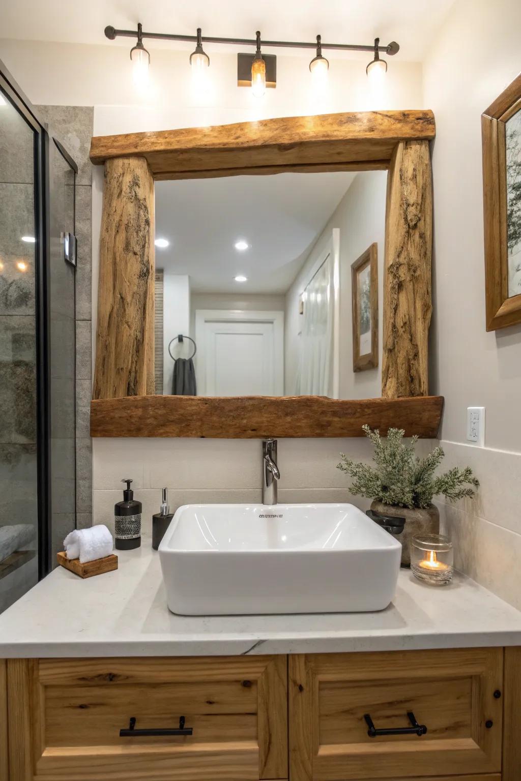 A bathroom featuring a live edge cedar mirror.
