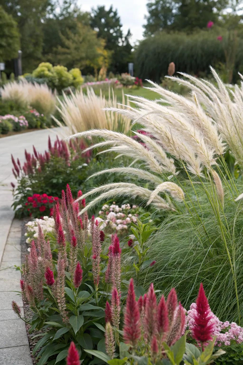 Celosia and ornamental grasses create a dynamic landscape.
