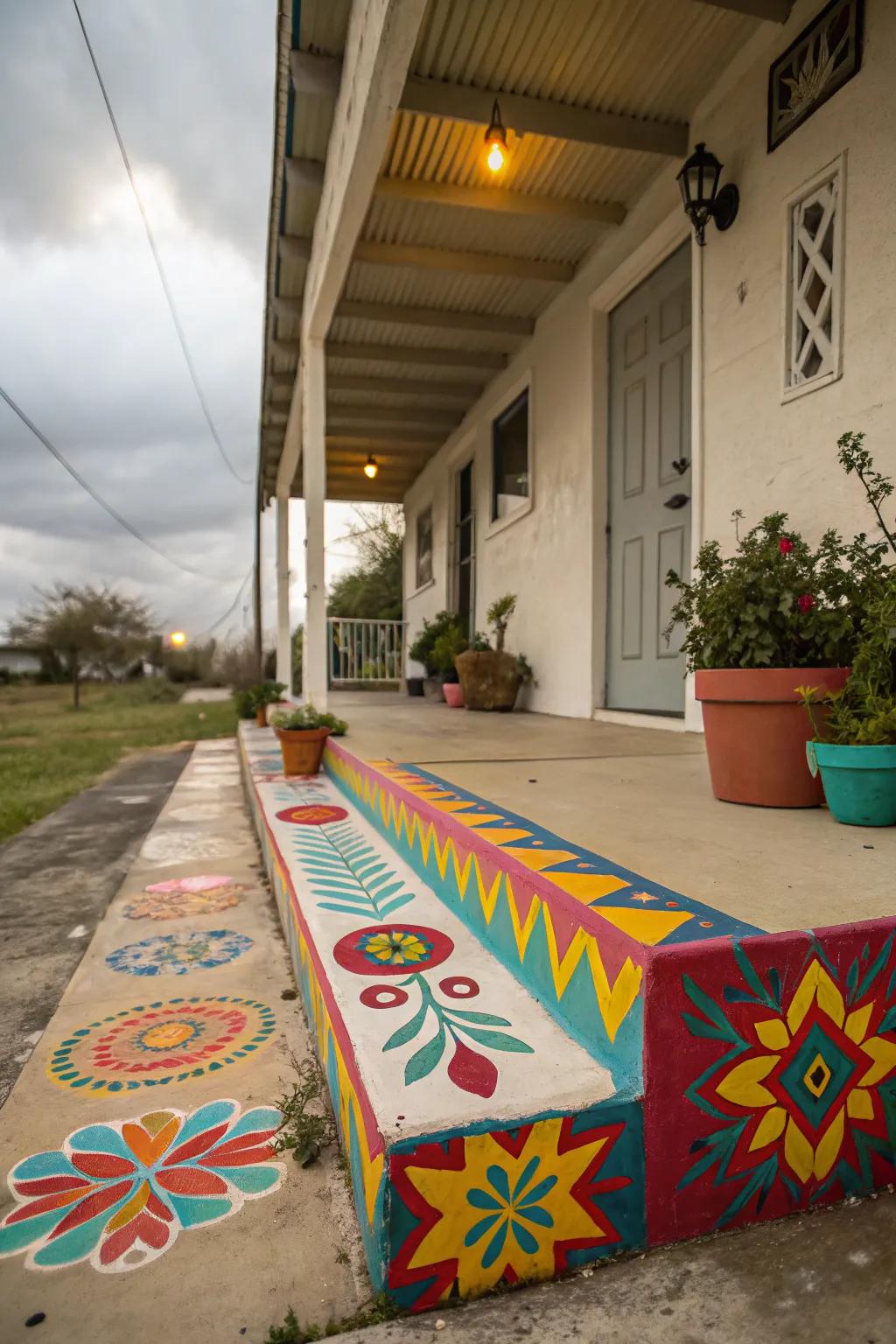 Painted designs add personality to a cement porch.