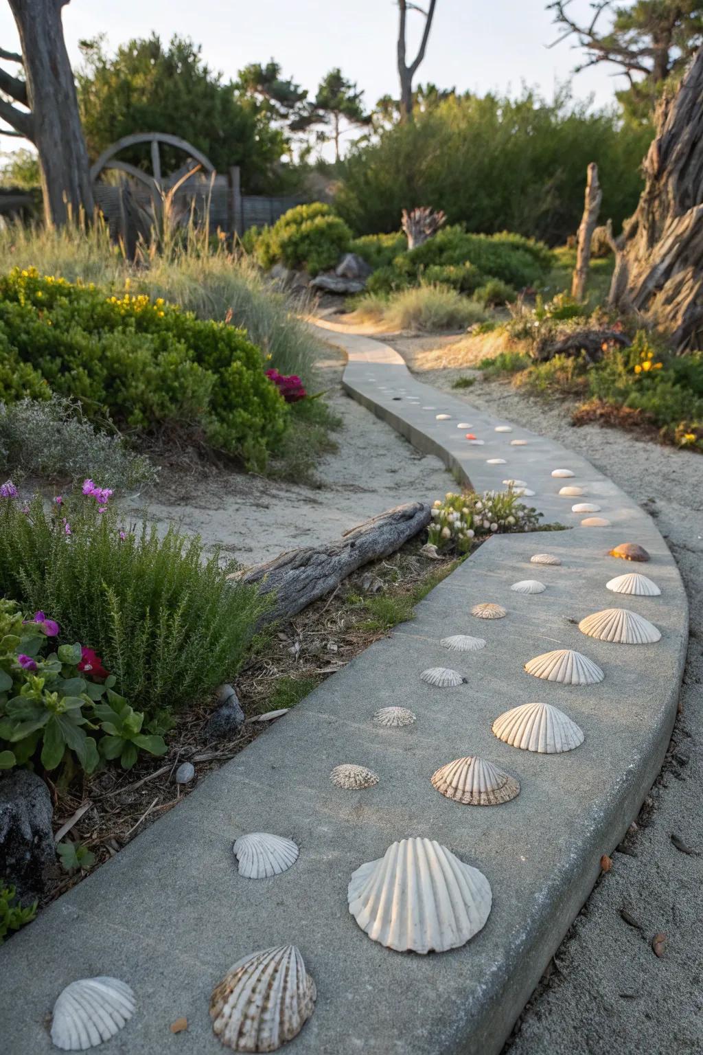Shells and stones bring a coastal feel to garden walkways.
