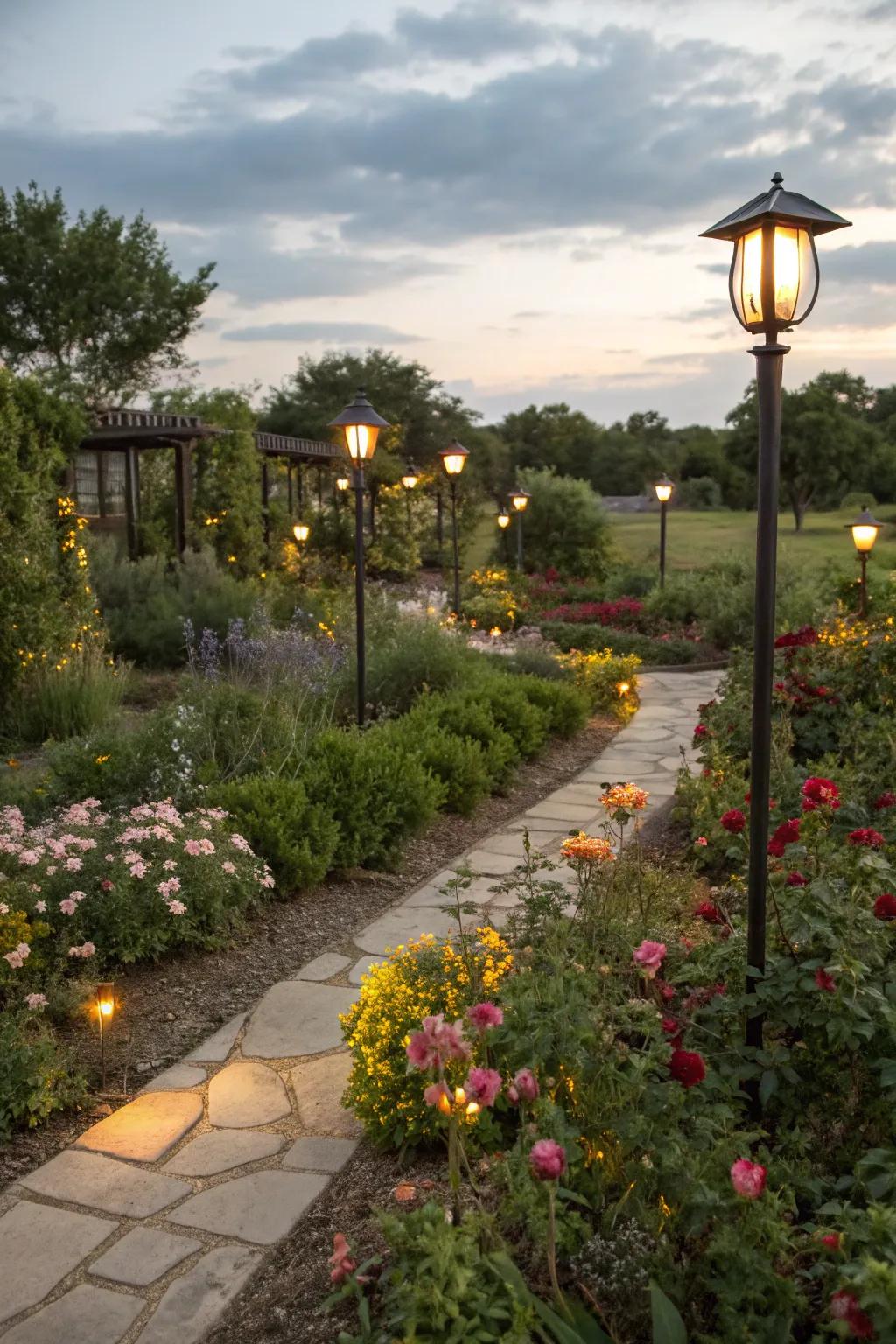 Solar lighting adds charm and sustainability to your garden.