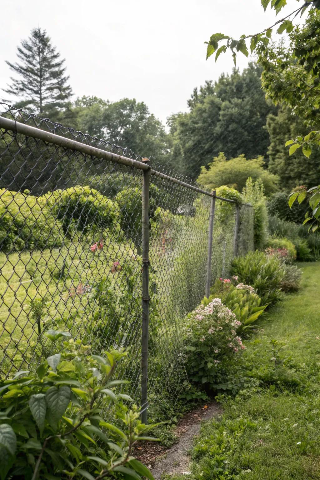 Dense greenery helps chain link fences integrate naturally into garden landscapes.