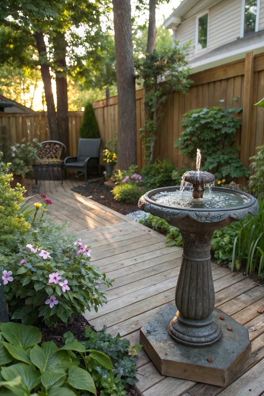 A simple water feature adds soothing sounds to the backyard.