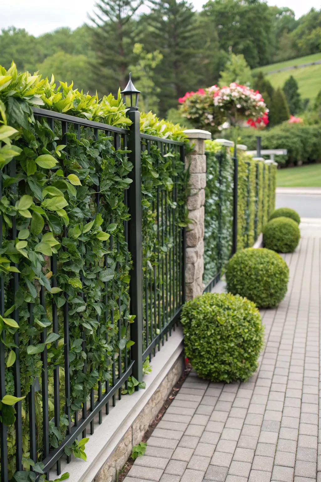Artificial plant panels provide lush, low-maintenance greenery.