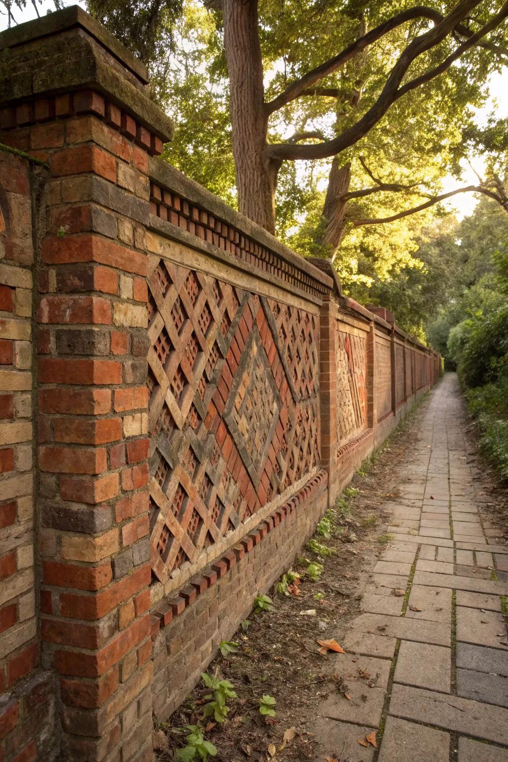 A garden wall with bricks laid in a creative pattern.