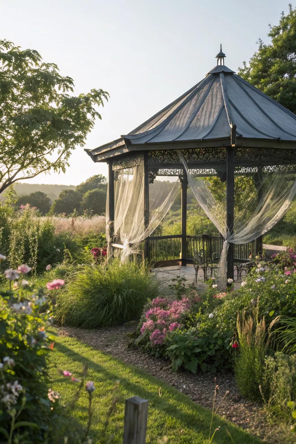 Sunshade netting offers a light and airy gazebo roof solution.