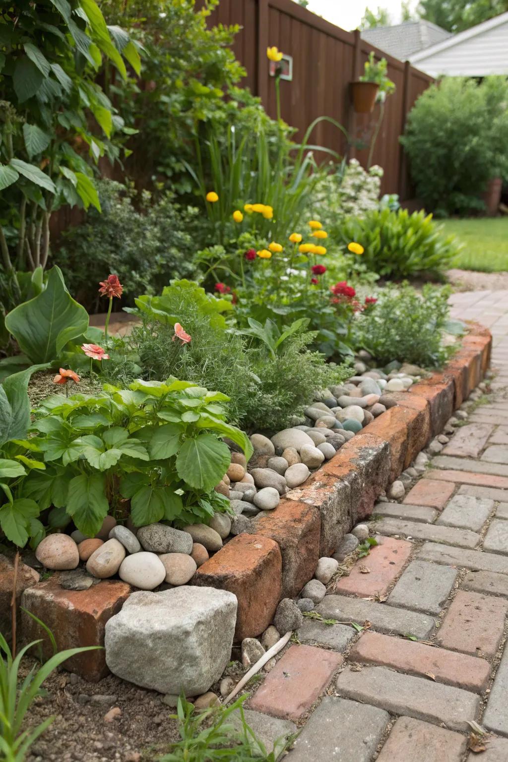 Recycled materials make for interesting garden edging.