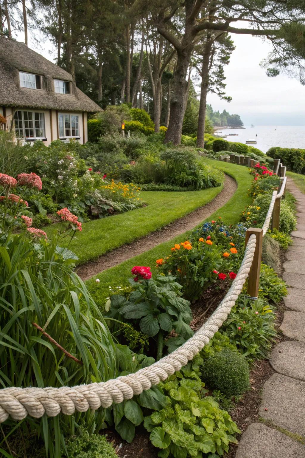 Rope edging brings a seaside vibe to garden spaces.