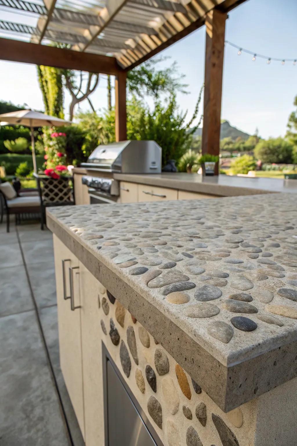 Pebble embedded countertops add texture and visual interest to garden kitchens.