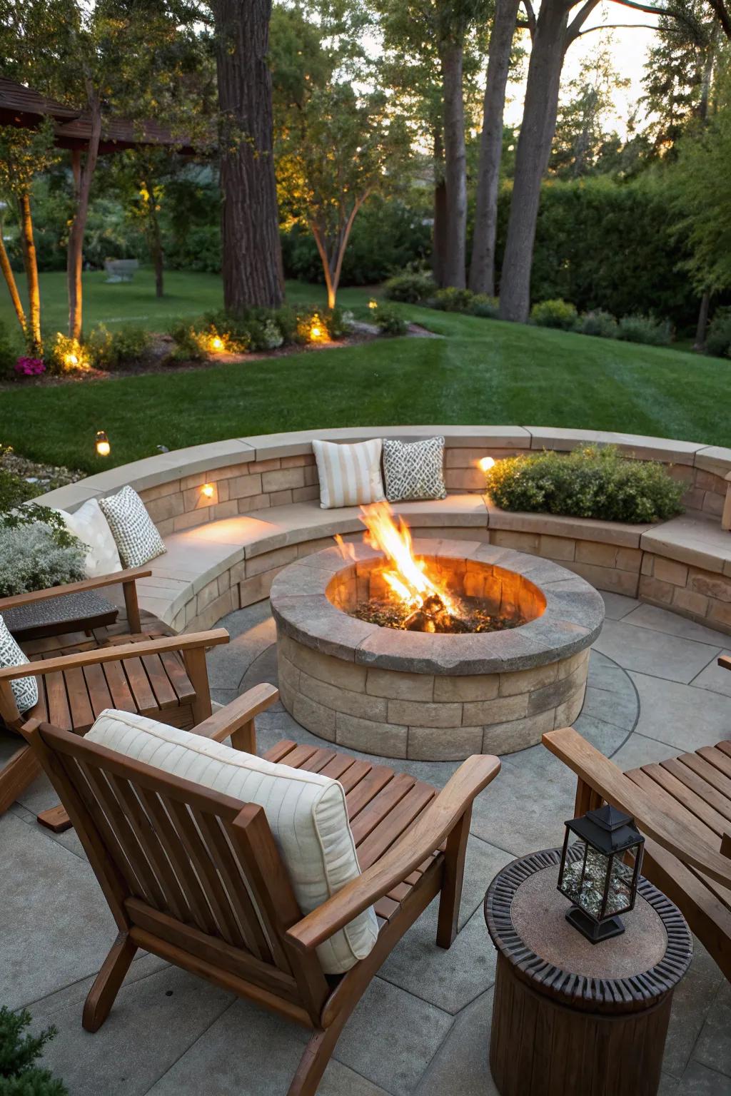 Integrated seating with a built-in fire pit for gatherings